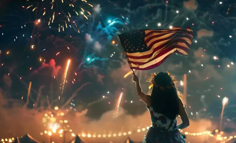 Silhouette of a person waving an American flag with colorful fireworks lighting the night sky