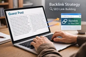 Illustration of SEO backlink strategy showing a guest post linking back to a website from a laptop screen