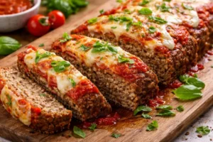 Sliced meatloaf topped with marinara and melted cheese, garnished with fresh basil on a wooden board