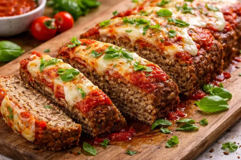 Sliced meatloaf topped with marinara and melted cheese, garnished with fresh basil on a wooden board