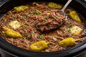 Tender shredded beef in a slow cooker with pepperoncini peppers, butter, and herbs in rich juices
