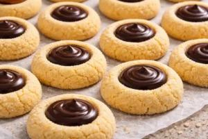 Sugar-coated thumbprint cookies filled with smooth chocolate ganache arranged on parchment paper