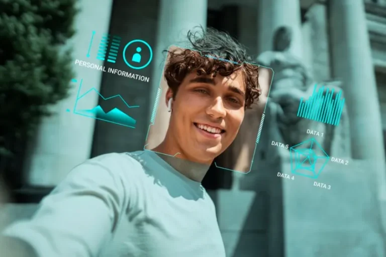 Smiling young man outdoors with futuristic data and personal information interface overlay on the screen