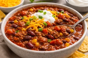 Hearty chili with beans and ground meat topped with shredded cheese, sour cream, and green onions