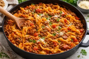 Skillet pasta tossed in hearty meat sauce with tomatoes, herbs, and grated Parmesan cheese