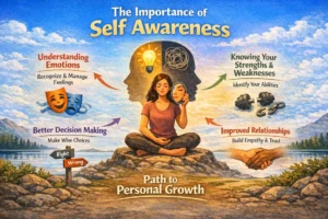 Infographic about self-awareness showing emotions, strengths, relationships, and decision-making for growth