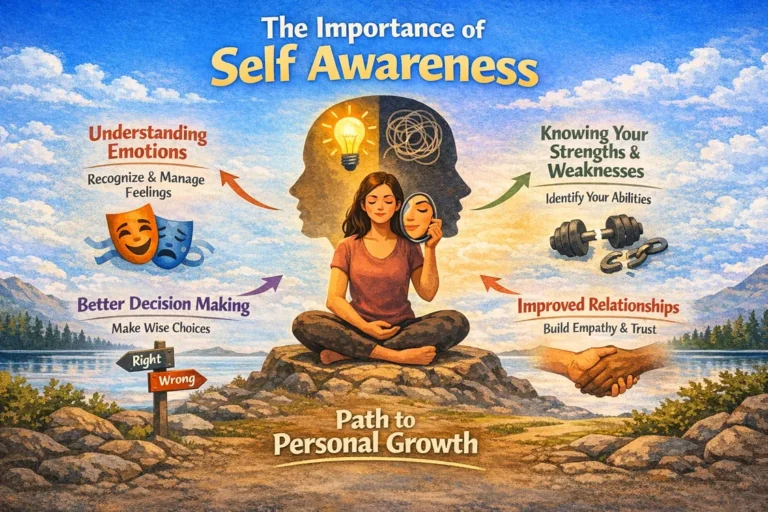 Infographic about self-awareness showing emotions, strengths, relationships, and decision-making for growth