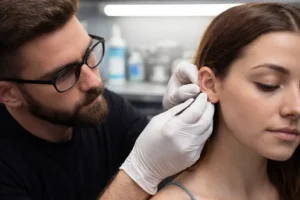 Piercer wearing gloves inserts an earring in a woman's ear during a professional studio piercing session