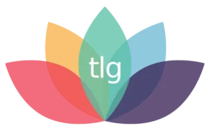 TLG logo with overlapping colorful petal shapes forming a stylized flower