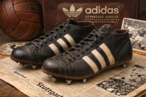 Pair of vintage Adidas soccer cleats on an old newspaper with a leather ball and retro gear in background