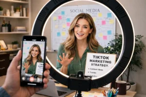 Content creator filming a TikTok marketing strategy video with a ring light, phone, and desk setup