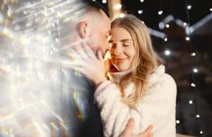 Couple embracing closely with warm bokeh lights in the background during an evening moment