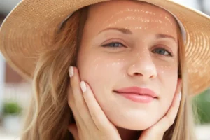 Close-up portrait of a young woman wearing a straw hat and gently touching her face in sunlight