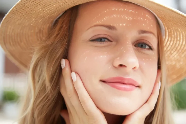Close-up portrait of a young woman wearing a straw hat and gently touching her face in sunlight