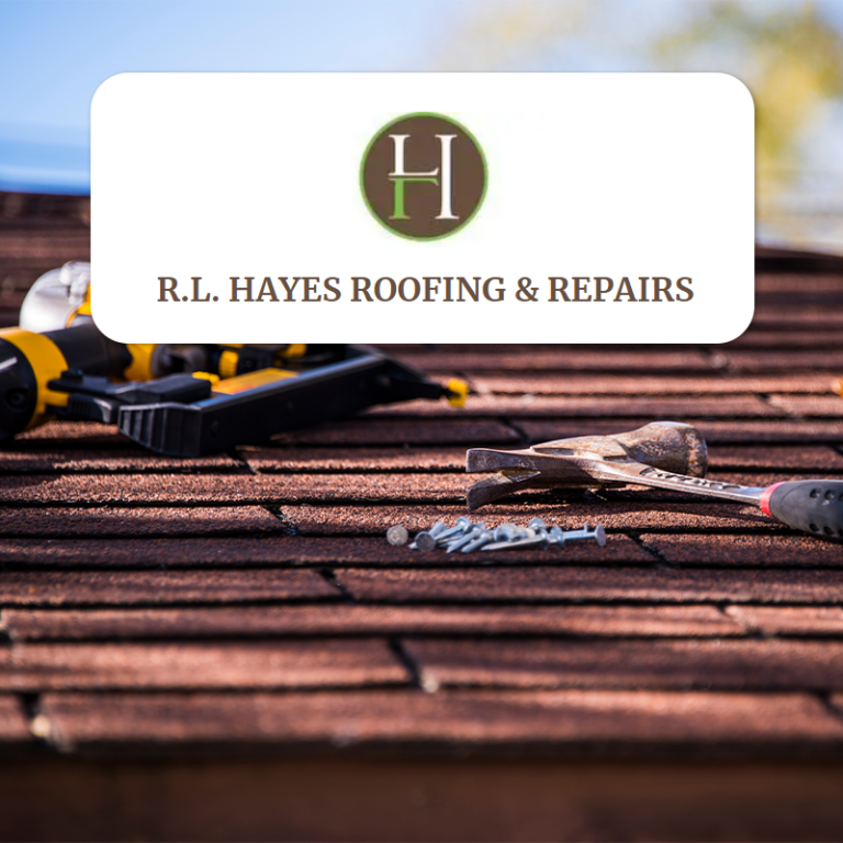Roofing tools and nails on shingle roof, R.L. Hayes Roofing & Repairs logo overlay