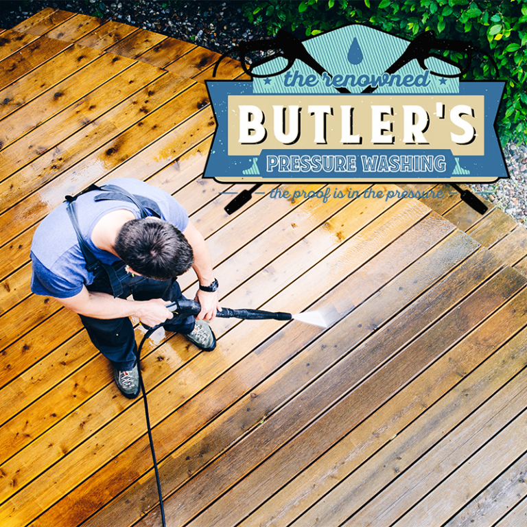 Man pressure washing a wooden deck from above, with 'Butler's Pressure Washing' logo overlay