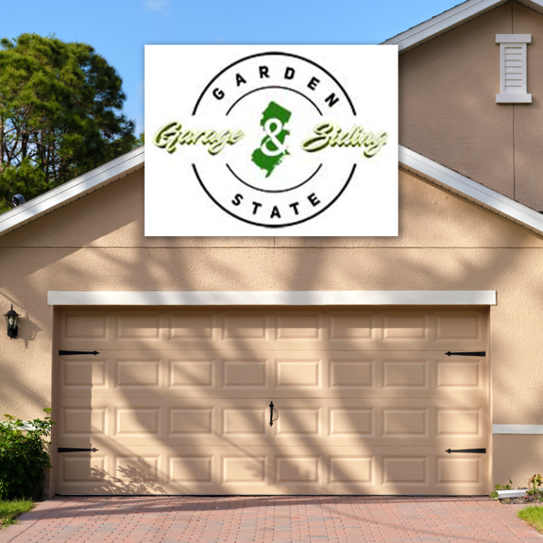 Beige suburban garage door with overlay logo reading Garden State Garage & Siding