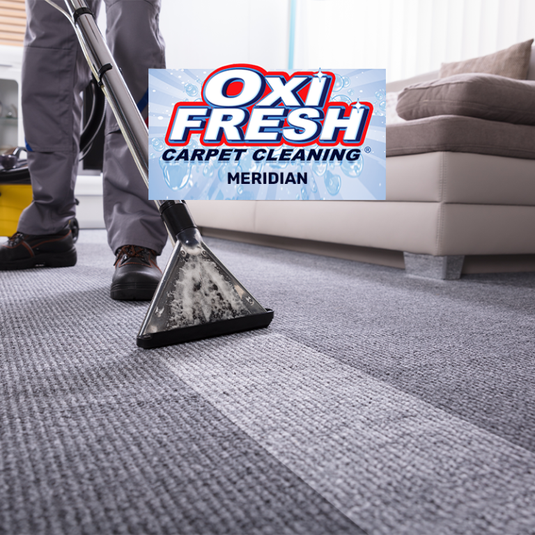 Technician deep-cleans carpet with extraction wand in a living room, Oxi Fresh Carpet Cleaning Meridian logo