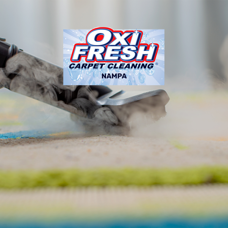 Steam rises as a carpet cleaning nozzle glides across a rug, Oxi Fresh Carpet Cleaning Nampa logo above