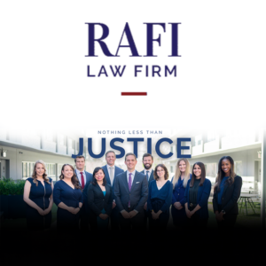 RAFI Law Firm logo above a group portrait of attorneys outdoors with the tagline Nothing Less Than Justice