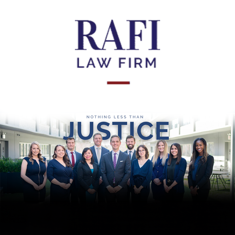 RAFI Law Firm logo above a group portrait of attorneys outdoors with the tagline Nothing Less Than Justice