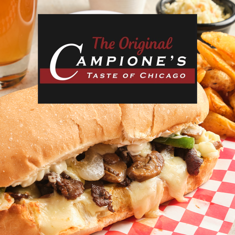 Cheesy steak sub with mushrooms and peppers on red paper, potato wedges and slaw, Campione’s Chicago logo