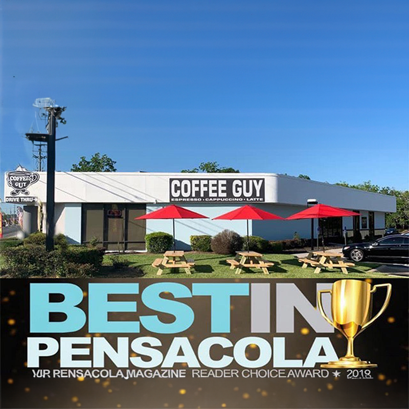 Coffee Guy cafe exterior with red umbrellas and picnic tables, Best in Pensacola choice award graphic below