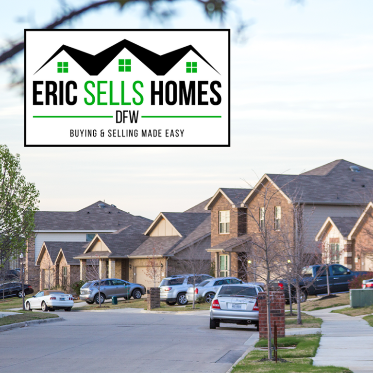 Suburban neighborhood street with parked cars and modern homes, overlaid Eric Sells Homes DFW real estate logo