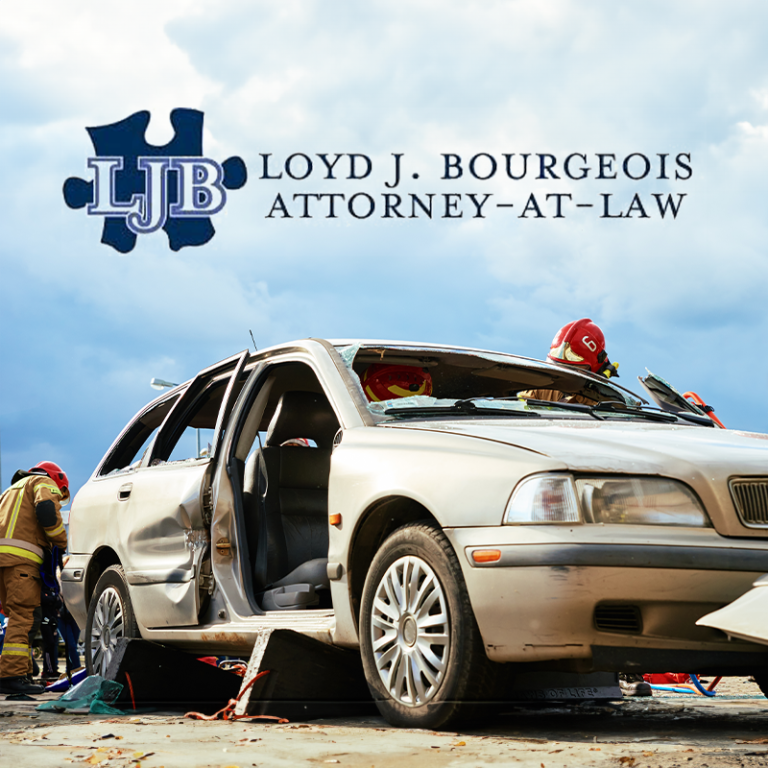 Crashed car with firefighters at scene, LJB Loyd J. Bourgeois Attorney-at-Law logo overlay
