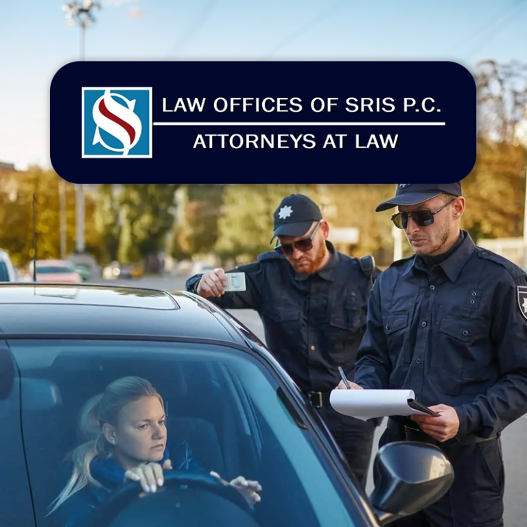 Two police officers issue a ticket to a worried driver by the road, Law Offices of SRIS P.C. banner above