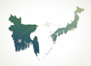 Stylized map showing a flight route from Bangladesh to Japan, dotted line with airplane icons across Asia