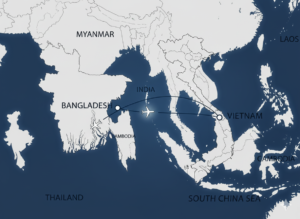 Map showing flight path from Bangladesh to Vietnam across India and Southeast Asia, with airplane icon, route