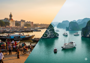 Split image: lively waterfront market at sunset on the left, scenic bay with limestone karsts and boats on the right