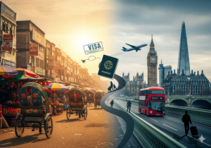 Split image: Dhaka street with rickshaws contrasts London Big Ben and Shard; passport, visa, plane show travel