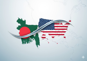 Artistic graphic blending the Bangladesh map and flag with a stylized United States flag, linked by a silver swoosh