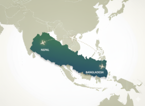 Stylized map of South Asia showing a dotted flight route between Nepal and Bangladesh with airplane icons