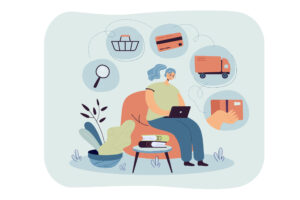 Illustration of a woman using a laptop to order online, with icons for search, cart, payment, and delivery