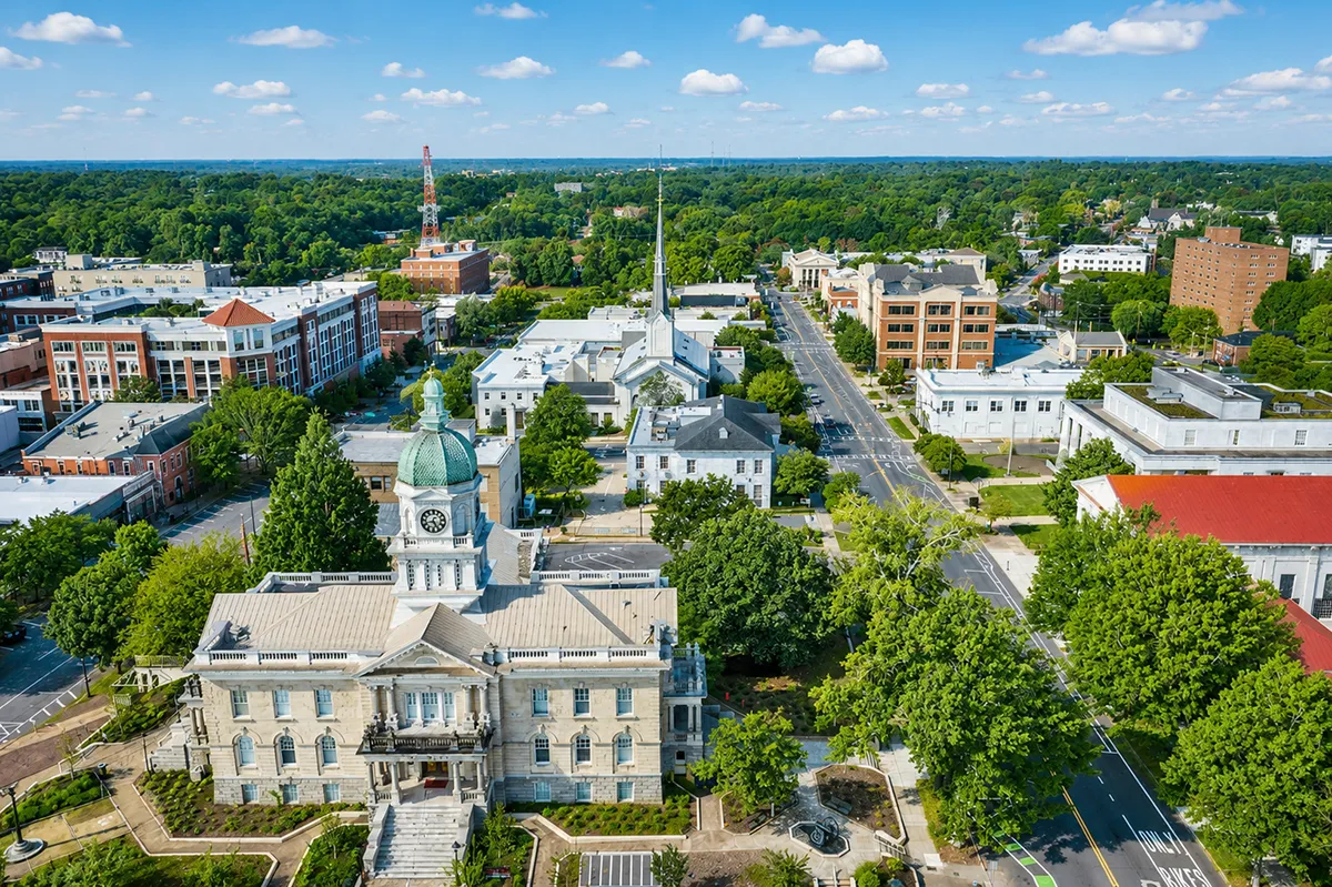 SEO & Website Design 24 Aerial view of downtown Athens, Georgia with historic buildings and city streets