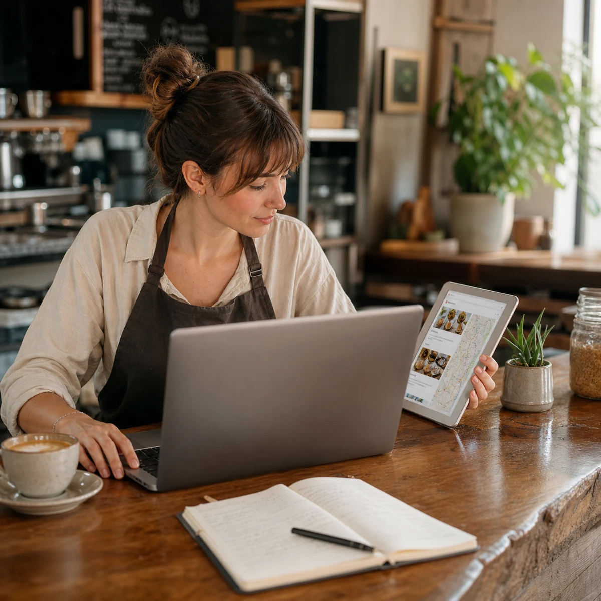 SEO & Website Design 10 Local business owner creating blog content while reviewing a business profile and map on a tablet