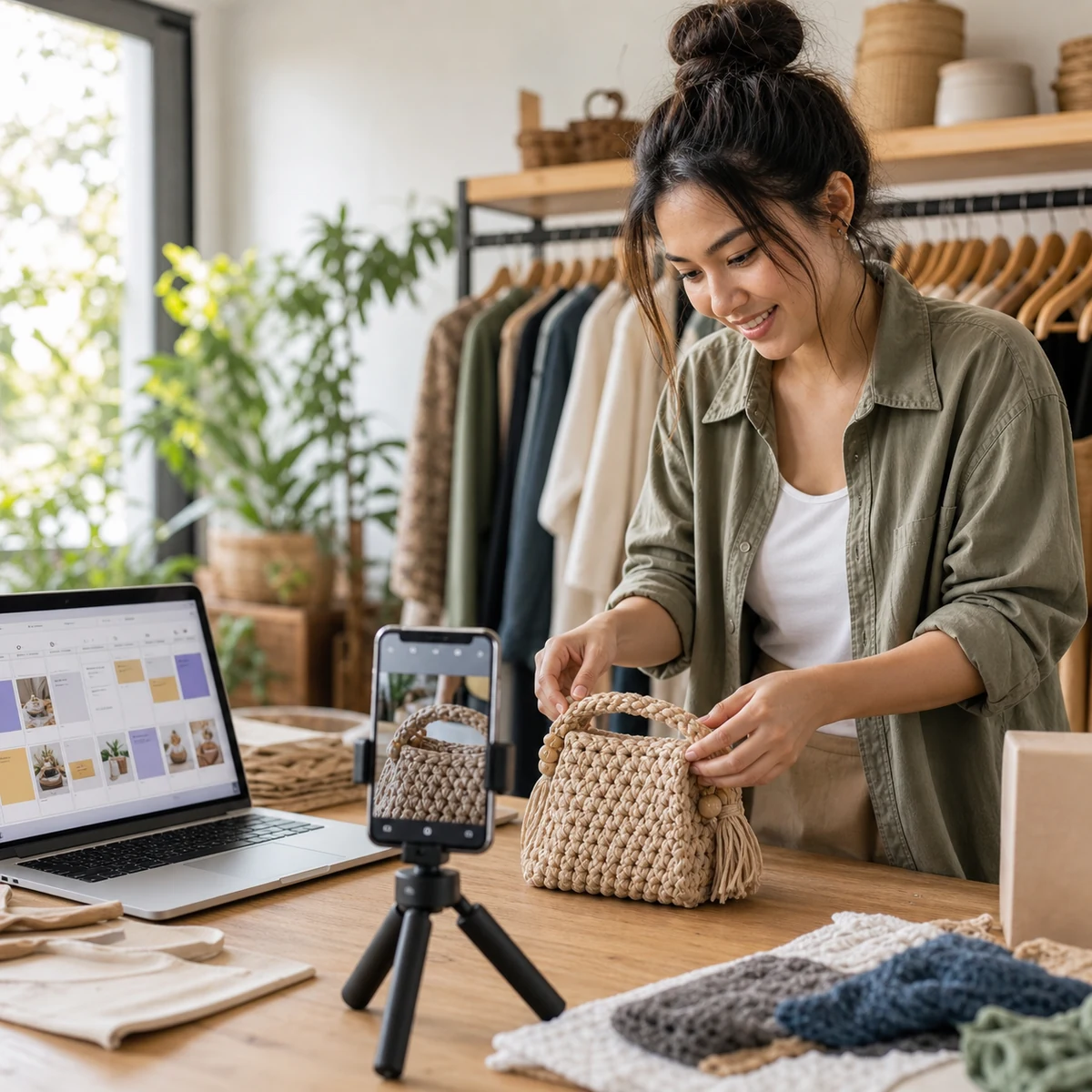 SEO & Website Design 14 Boutique owner photographing a handmade product and scheduling social media posts from a laptop