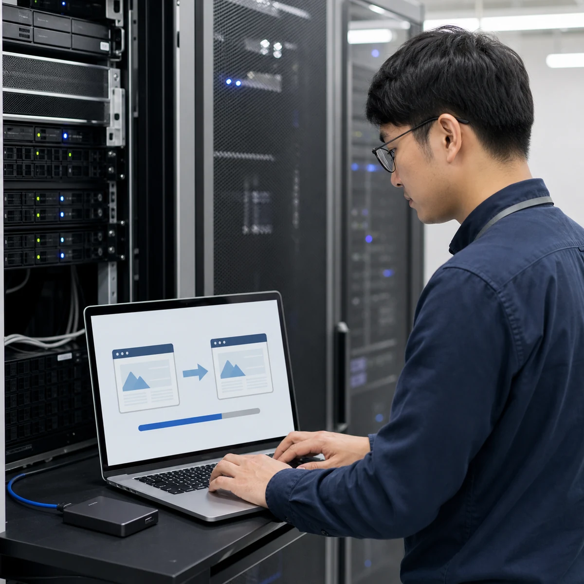 SEO & Website Design 16 IT specialist migrating a website between servers from a laptop in a data center