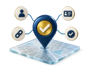 Blue location marker with a gold checkmark on a map connected to business profile symbols